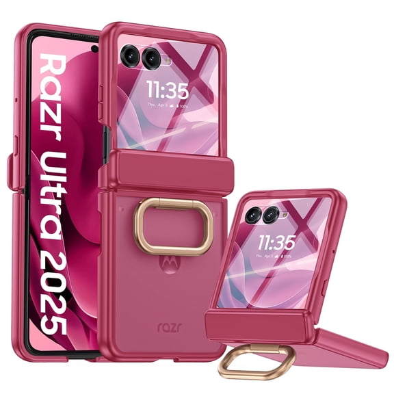 Oupeigar for Motorola Razr Ultra 2026 / Razr Ultra 2025 Phone Case,with Ring Holder,Screen Protector,Wireless Charging Shockproof Phone Case-Rose Red