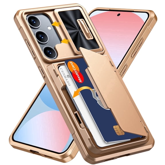 Oupeigar For Samsung Galaxy S24 FE Case Wallet,RFID Cards Holder (4 Cards)&Camera Cover & Kickstand,Shockproof Silicone Phone Case-Gold