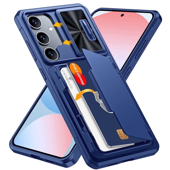 Oupeigar For Samsung Galaxy S24 FE Case Wallet,RFID Cards Holder (4 Cards)&Camera Cover & Kickstand,Shockproof Silicone Phone Case-Blue