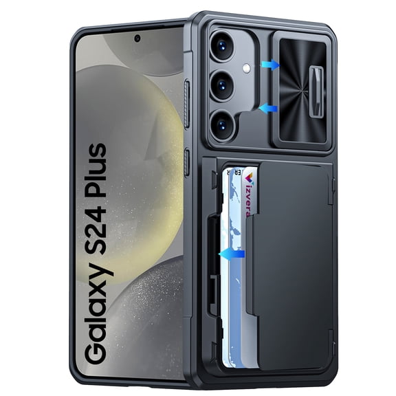 Oupeigar for Samsung Galaxy S24 Plus Phone Case,with RFID Cards Holder (Store 4 Cards) & Camera Cover & Kickstand,Shockproof Silicone Case-Black