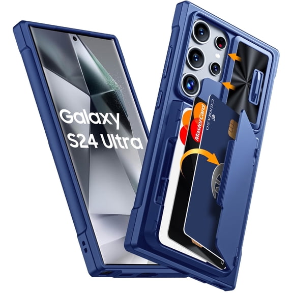 Oupeigar for Samsung Galaxy S24 Ultra Phone Case,with RFID Cards Holder (Store 4 Cards) & Camera Cover & Kickstand,Shockproof Silicone Case-Blue