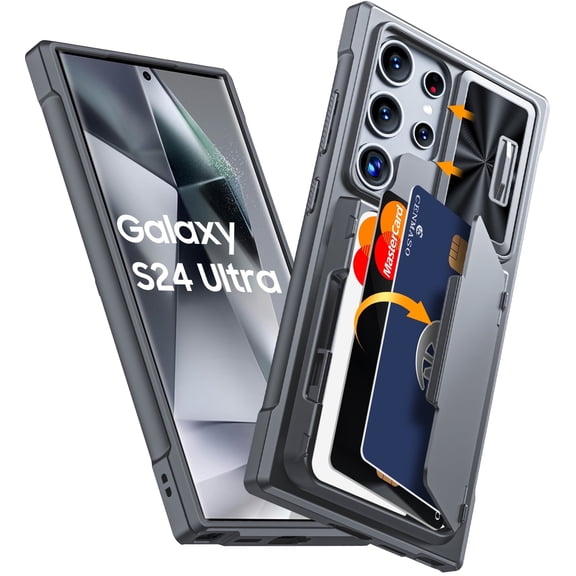 Oupeigar for Samsung Galaxy S24 Ultra Phone Case with RFID Cards Holder (Store 4 Cards)&Camera Cover & Kickstand,Shockproof Silicone Case-Gray