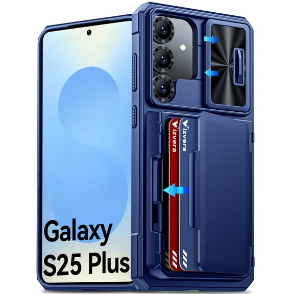 Oupeigar For Samsung Galaxy S25 Plus Phone Case,RFID Cards Holder (4 Cards)&Camera Cover&Kickstand,Shockproof Silicone Wallet Case-Blue