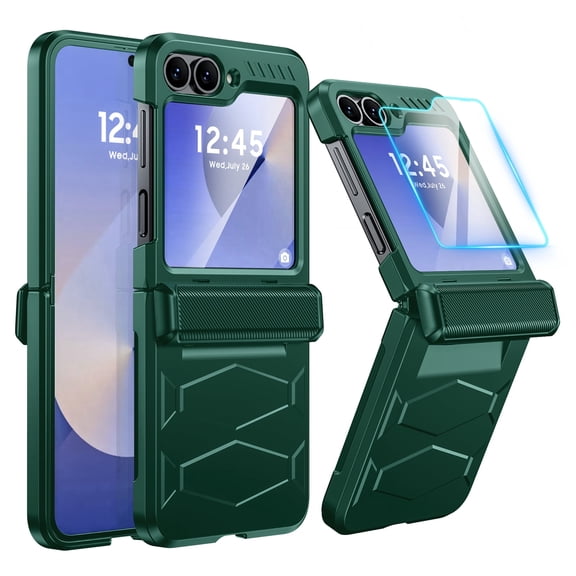 Oupeigar for Samsung Galaxy Z Flip 6/7 FE Phone Case,with Screen Protector,Wireless Charging,All-Inclusive Rugged Shockproof Phone Case-Green