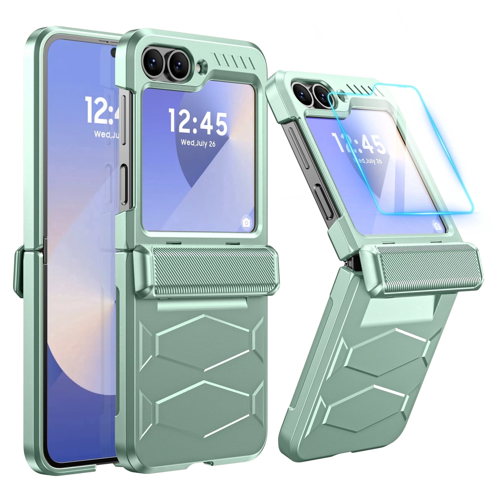 Oupeigar for Samsung Galaxy Z Flip 6/7 FE Phone Case,with Screen Protector,Wireless Charging,All-Inclusive Rugged Shockproof Phone Case-Mint green