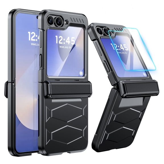 Oupeigar for Samsung Galaxy Z Flip 6/7 FE Phone Case,with Screen Protector,Wireless Charging,All-Inclusive Rugged Shockproof Phone Case-Black