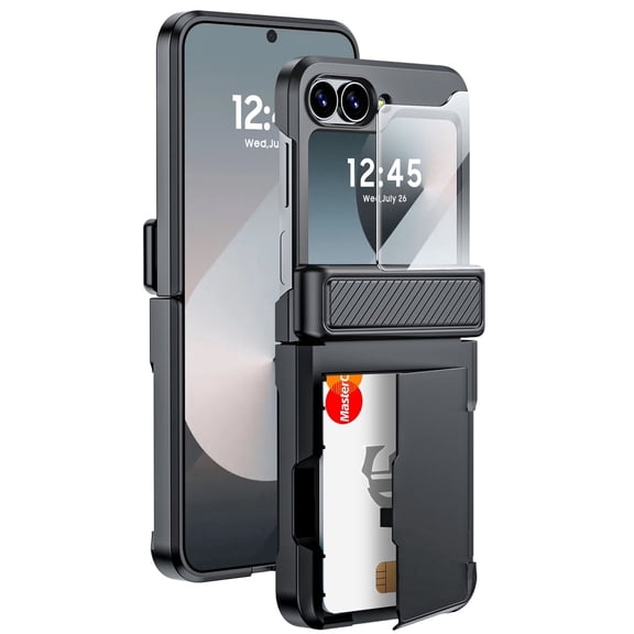 Oupeigar for Samsung Flip 6/7FE Phone Case with Card Holder [RFID Blocking],Hinge Protection,Screen Protector,All-inclusive Shockproof Case-Black