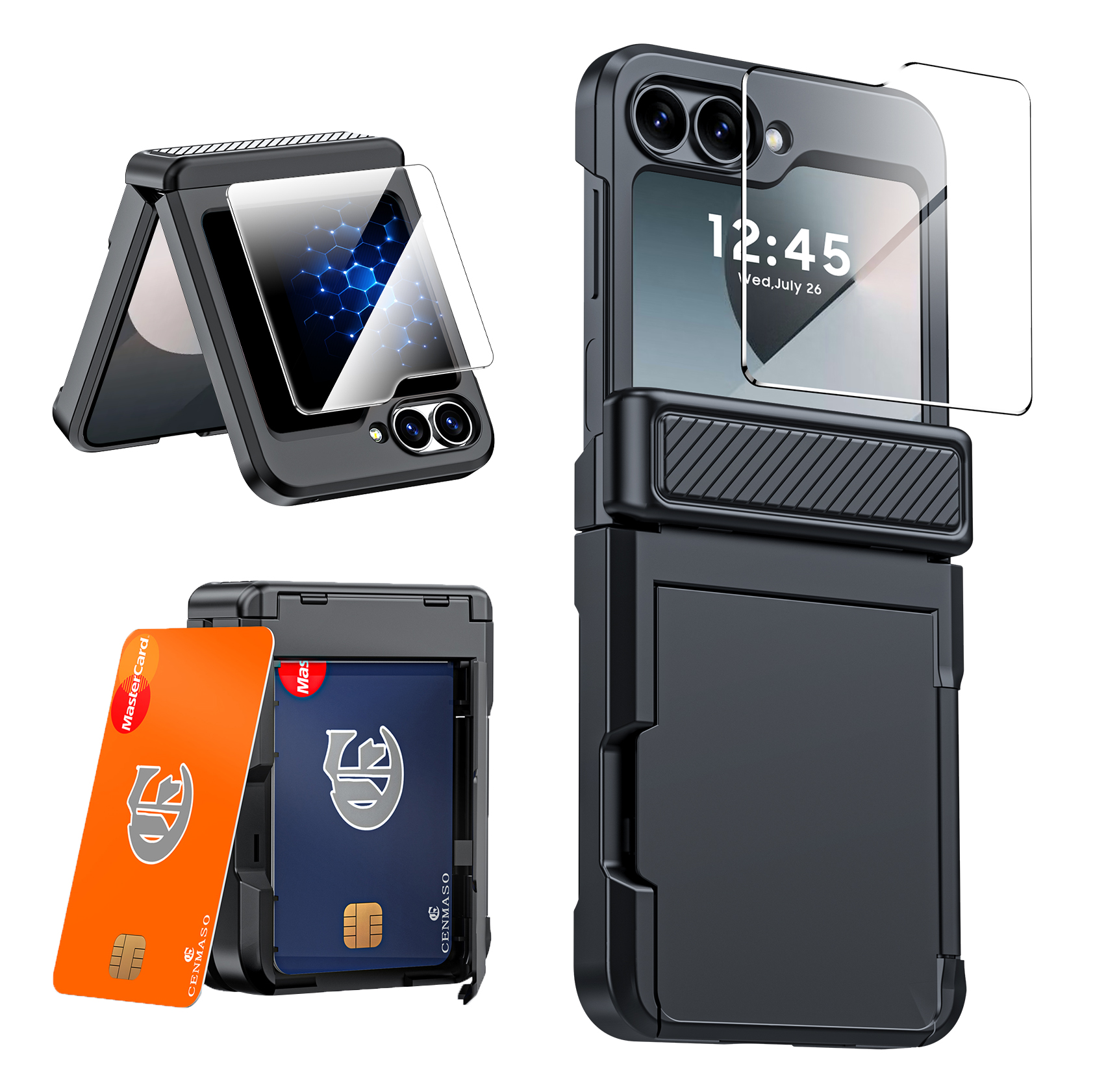 Oupeigar For Samsung Galaxy Z Flip 6 Wallet Case,Full Body Shock Protection,Hinge Protection And With Card Clip [RFID Shielding] and Screen Protector- Black