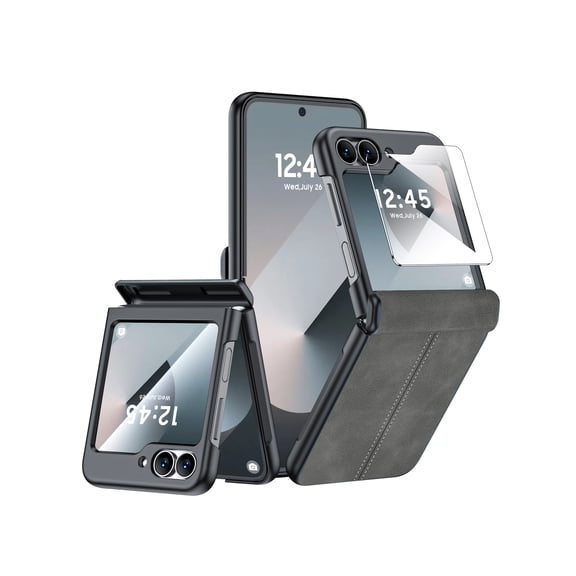 Oupeigar for Samsung Galaxy Z Flip 6 Phone Case With Hinge Protection & Screen Protection,Ultra Thin Leather Shockproof Cover-Gray