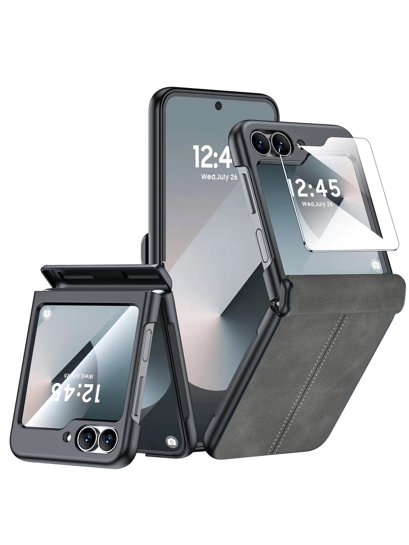 Oupeigar for Samsung Galaxy Z Flip 6/7FE Phone Case,with Hinge Protection & Screen Protection,Ultra Thin Leather Shockproof Cover Case-Gray