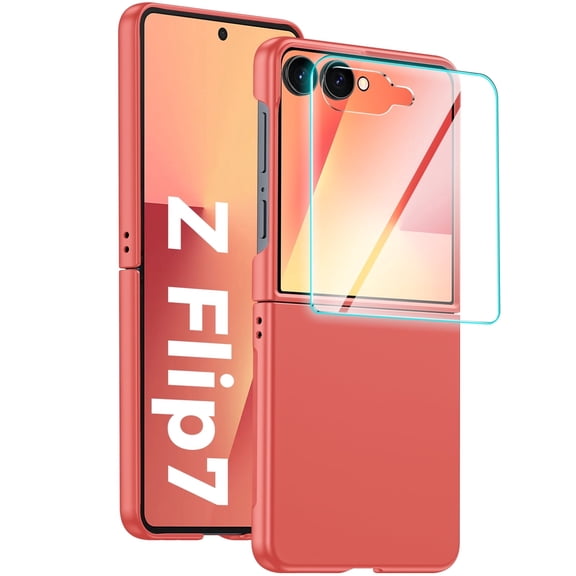 Oupeigar For Samsung Flip 7 Phone Case,with Screen Protection,HD Screen Protector,Wireless Charging,Anti-Scratch Shockproof Case-Red