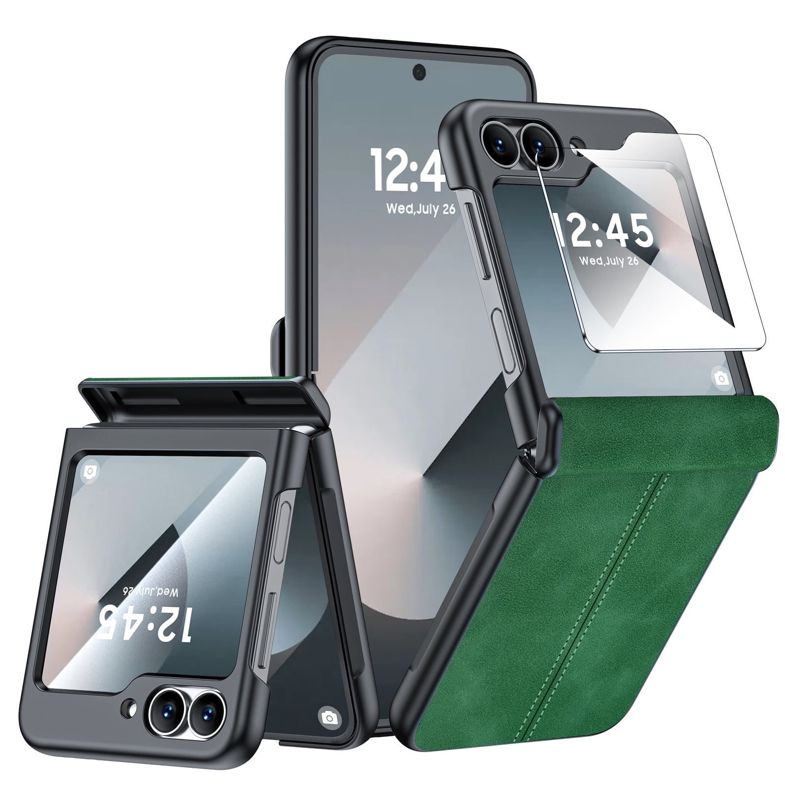 Oupeigar for Samsung Galaxy Z Flip 6/7FE Phone Case With Hinge Protection & Screen Protection,Ultra Thin Leather Shockproof Cover Case-Green