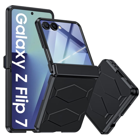Oupeigar for Samsung Galaxy Z Flip 7 Armor Phone Case,With Hinge Protection,Screen Protector Shockproof Rugged Phone Cover Wireless Charging-Black