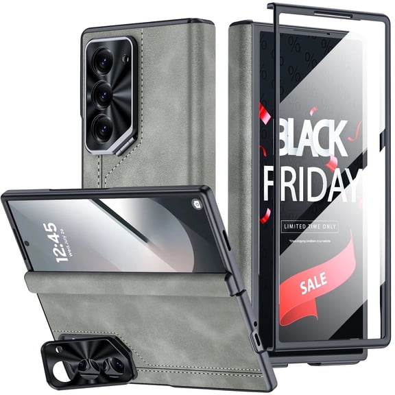 Oupeigar for Samsung Galaxy Z Fold 6 Phone Case,with PU Leather Matte,Camera Holder & Screen Protection,Full Body Protective PC Shockproof Case-Gray