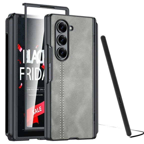 Oupeigar for Galaxy Z Fold 6 Case with S Pen Holder, [Hinge Protection & Screen Protection] PU Leather Matte PC Shockproof Case for Galaxy Z Fold 6 - Gray
