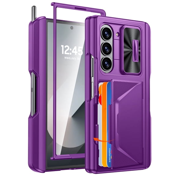 Oupeigar for Samsung Galaxy Z Fold 6 Phone Case,with RFID Cards Holder,S Pen Holder,Camera Cover, Shockproof Silicone Protective Wallet Case-Purple