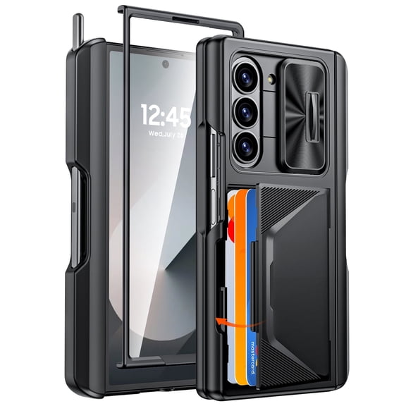 Oupeigar for Samsung Galaxy Z Fold 6 Phone Case,with RFID Cards Holder,S Pen Holder,Camera Cover, Shockproof Silicone Protective Wallet Case-Black