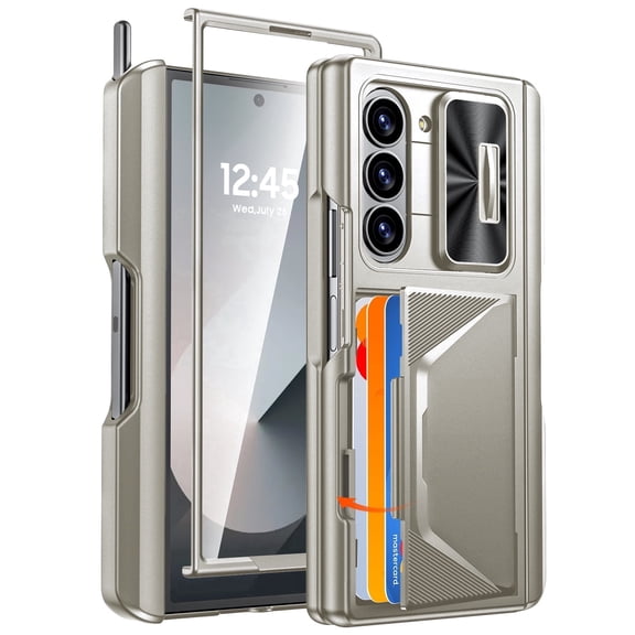 Oupeigar for Samsung Galaxy Z Fold 6 Phone Case,with RFID Cards Holder,S Pen Holder,Camera Cover, Shockproof Silicone Protective Wallet Case-Titanium