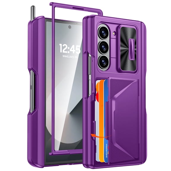 Oupeigar for Samsung Galaxy Z Fold 6 Phone Case,with RFID Cards Holder,S Pen Holder,Camera Cover, Shockproof Silicone Protective Wallet Case-Purple