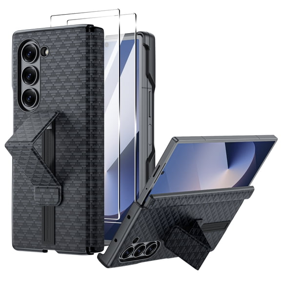 Oupeigar for Samsung Galaxy Z Fold 6 Case,Slide Rail Bracket [Hinge Protection & Screen Protection] PU Leather Matte PC Shockproof Case-Black Triangle