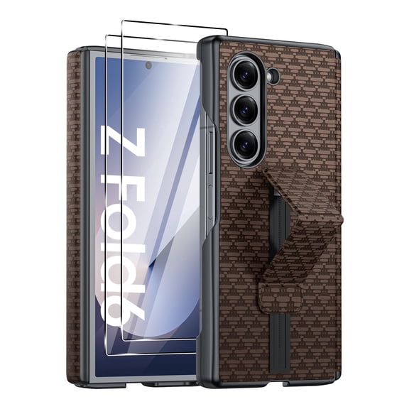 Oupeigar for Samsung Galaxy Z Fold 6 Case,Slide Rail Bracket [Hinge Protection & Screen Protection] PU Leather Matte PC Shockproof Case-Brown Triangle