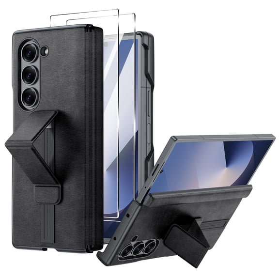 Oupeigar for Samsung Galaxy Z Fold 6 Case,Slide Rail Bracket [Hinge Protection & Screen Protection] PU Leather Matte PC Shockproof Case-Cortical Black