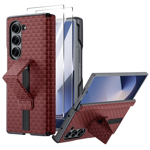 Oupeigar for Samsung Galaxy Z Fold 6 Case,Slide Rail Bracket [Hinge Protection & Screen Protection] PU Leather Matte PC Shockproof Case-Red Triangle
