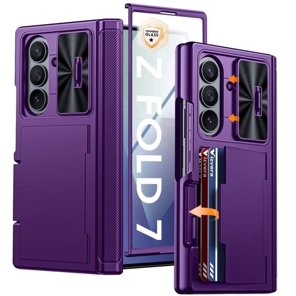 Oupeigar for Samsung Galaxy Z Fold 7 Phone Case,with [RFID Blocking] [Cards Holder] [Camera Cover] Shockproof Silicone Case-Purple