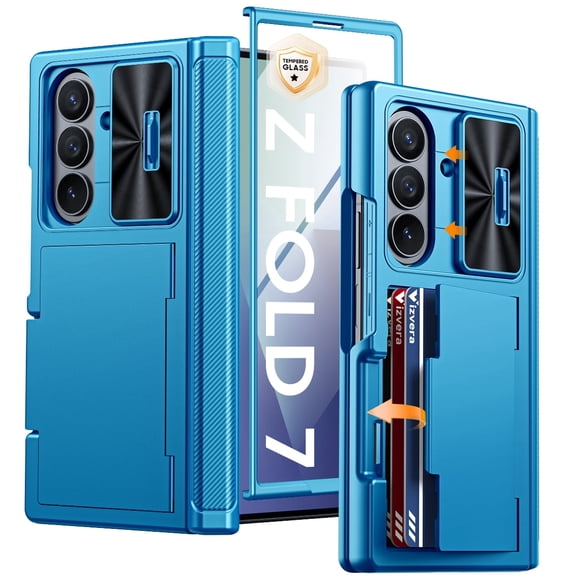 Oupeigar for Samsung Galaxy Z Fold 7 Case RFID Wallet with Cards Holder[Hinge Cover][Camera Cover]Shockproof Silicone Protective Phone Case-Light Blue