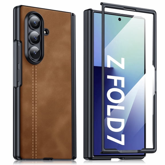 Oupeigar for Samsung Galaxy Z Fold 7 Case with Screen Protector,Wireless Charging,Ultra Thin Stylish Leather Matte PC Shockproof Case-Brown