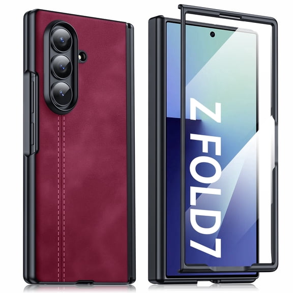 Oupeigar for Samsung Galaxy Z Fold 7 Case with Screen Protector,Wireless Charging,Ultra Thin Stylish Leather Matte PC Shockproof Case-Red