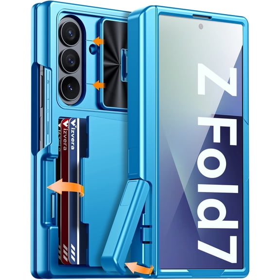 Oupeigar for Samsung Galaxy Z Fold 7 Phone Case,with RFID Blocking,Cards Holder [Kickstand][Camera Cover] Shockproof Silicone Case-Sky Blue