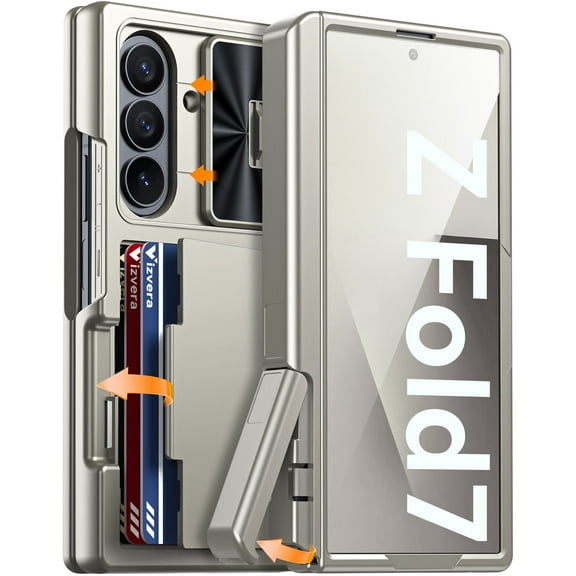 Oupeigar for Samsung Galaxy Z Fold 7 Phone Case,with RFID Blocking,Cards Holder [Kickstand][Camera Cover] Shockproof Silicone Case-Titanium