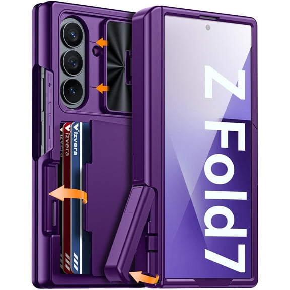 Oupeigar for Samsung Galaxy Z Fold 7 Phone Case,with RFID Blocking,Cards Holder [Kickstand][Camera Cover] Shockproof Silicone Case-Purple