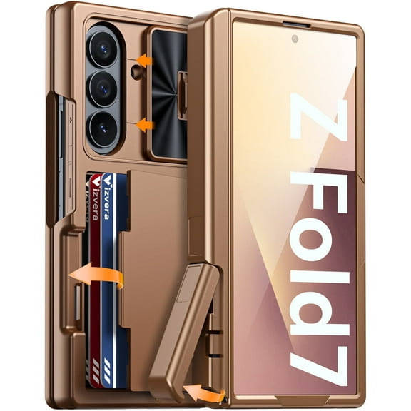 Oupeigar for Samsung Galaxy Z Fold 7 Phone Case,with RFID Blocking,Cards Holder [Kickstand][Camera Cover] Shockproof Silicone Case-Gold