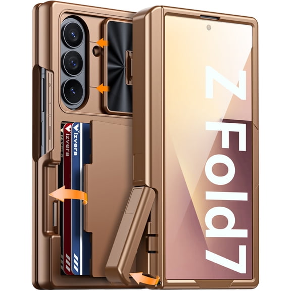 Oupeigar for Samsung Galaxy Z Fold 7 Case RFID Wallet with Cards Holder[Kickstand][Camera Cover] Shockproof Silicone Protective Phone Case-Gold