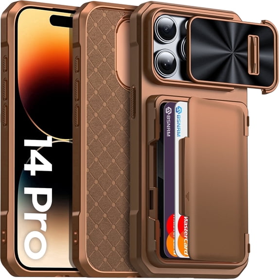 Oupeigar for iPhone 14 Pro Wallet Holder Phone Case,RFID Shielding,Camera Cover,Full Body Rugged Shockproof Silicone Protective Case-Gold