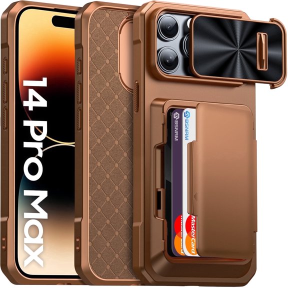 Oupeigar For iPhone 14 Pro Max Phone Case with Card Holder (Store 4 Cards),Camera Cover,Rugged Hard Back,Silicone Edge Wallet Phone Case-Gold