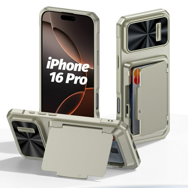 oupeigar for iPhone 16 Pro Case with Card Holder (4 Cards) & Sliding Camera Cover & Kickstand【RFID Blocking】 Full-Body Shockproof Wallet Phone Case for iPhone 16 Pro-Titanium