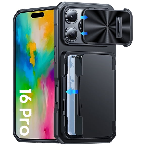 Oupeigar For iPhone 16 Pro With Card Holder (4 Cards),Slide Camera Cover,Drop Protection,Rugged Hard Back,Silicone Edge Wallet Phone Case-Black