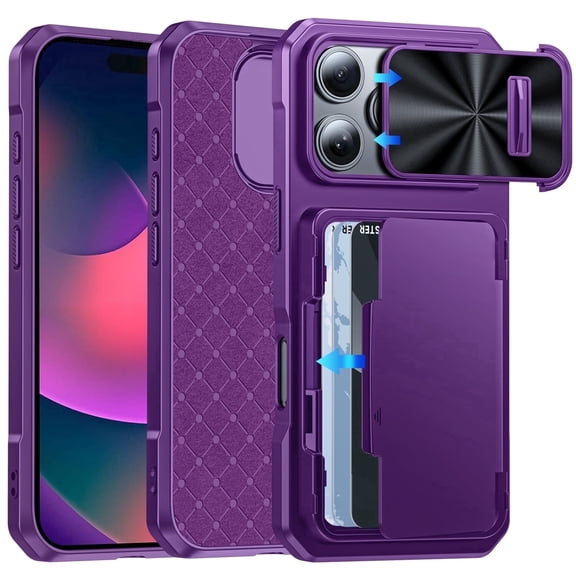Oupeigar For iPhone 16 Pro With Card Holder (4 Cards),Slide Camera Cover,Drop Protection,Rugged Hard Back,Silicone Edge Wallet Phone Case-Purple