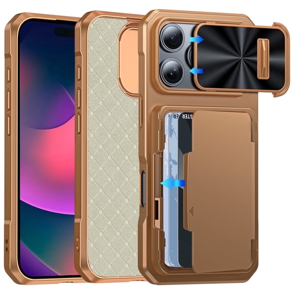 Oupeigar For iPhone 16 Pro With Card Holder (4 Cards),Slide Camera Cover,Drop Protection,Rugged Hard Back,Silicone Edge Wallet Phone Case-Desert Gold