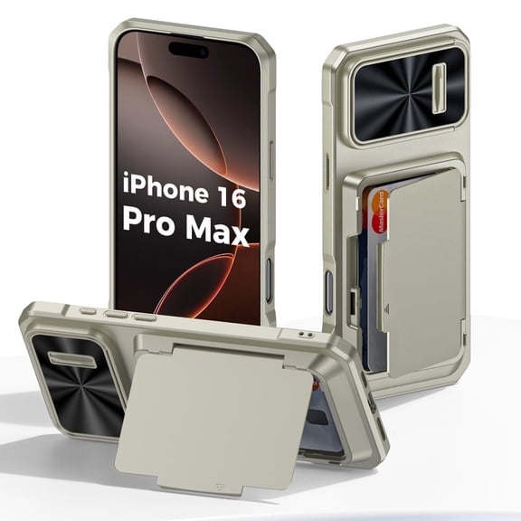 Oupeigar For iPhone 16 Pro Max With Card Holder (4 Cards),Slide Camera Cover,Drop Protection,Rugged Hard Back,Silicone Edge Wallet Phone Case-Titanium