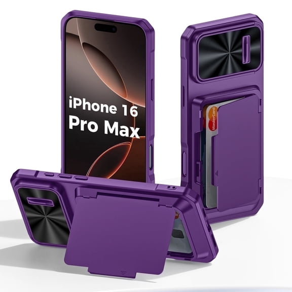 Oupeigar For iPhone 16 Pro Max With Card Holder (4 Cards),Slide Camera Cover,Drop Protection,Rugged Hard Back,Silicone Edge Wallet Phone Case-Purple