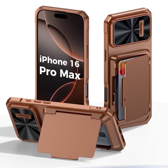 Oupeigar For iPhone 16 Pro Max With Card Holder (4 Cards),Slide Camera Cover,Drop Protection,Rugged Hard Back,Silicone Edge Wallet Phone Case-Desert Gold