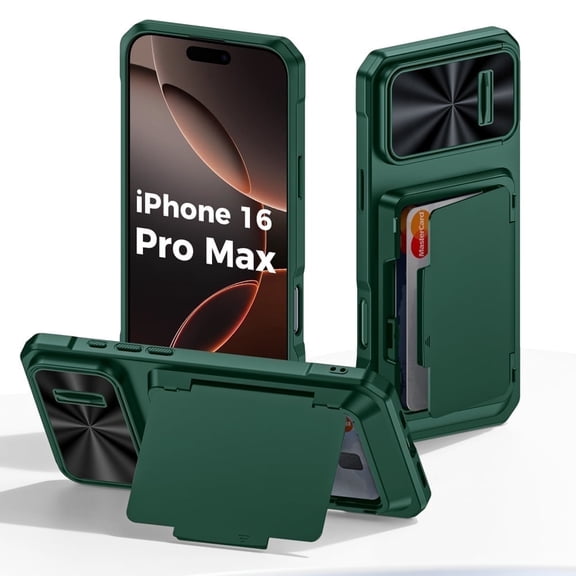 Oupeigar For iPhone 16 Pro Max With Card Holder (4 Cards),Slide Camera Cover,Drop Protection,Rugged Hard Back,Silicone Edge Wallet Phone Case-Green