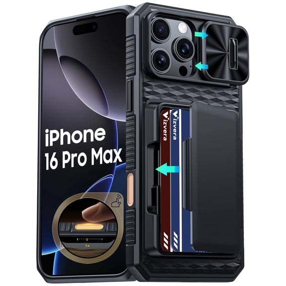 Oupeigar for iPhone 16 Pro Max Case with Card Holder (4-5 Cards)[Slide Camera Cover] [RFID Blocking] Shockproof Rugged Silicone Wallet Case-Black