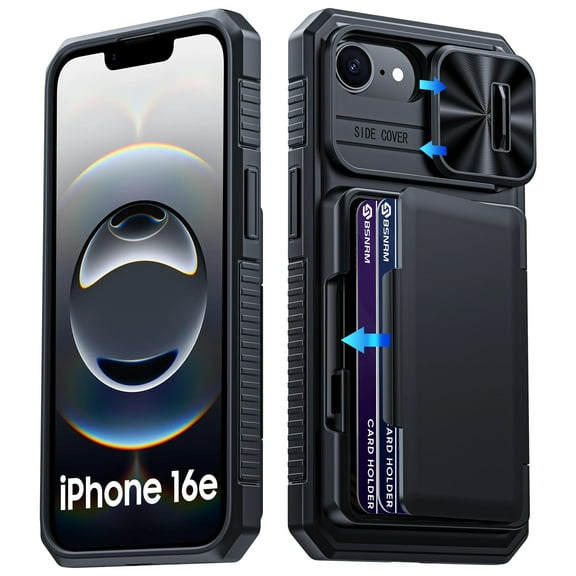 Oupeigar for iPhone 16 E/17E Phone Case with [Cards Holder][RFID Blocking][Camera Cover]Rugged Shockproof Silicone Protective Case-Black