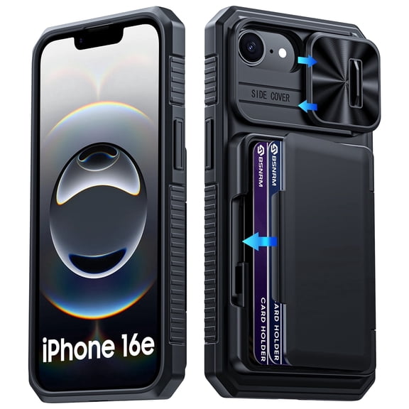 Oupeigar for iPhone 16e/iPhone 17e Phone Case with [Cards Holder][RFID Blocking][Camera Cover]Rugged Shockproof Silicone Protective Case-Black