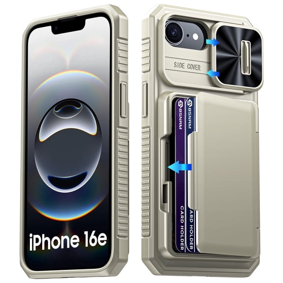 Oupeigar for iPhone 16e/iPhone 17e Phone Case with [Cards Holder][RFID Blocking][Camera Cover]Rugged Shockproof Silicone Protective Case-Titanium